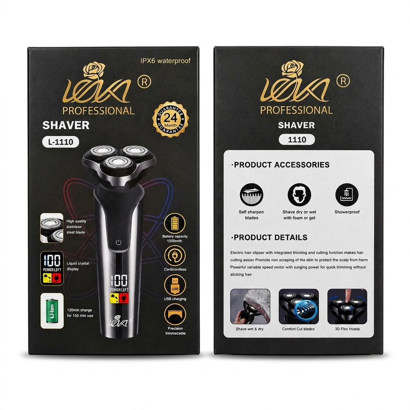 ماشین اصلاح موی صورت شارژی لنکا مدل L-1110، چرخشی صفر زن، با 3 تیغه استیل ضد زنگ، نمایشگر سطح باتری، شارژ USB، 150 دقیقه شارژدهی و 120 دقیقه زمان شارژ