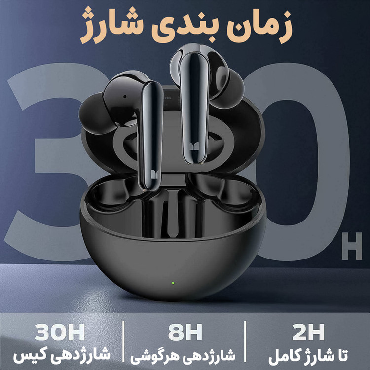 هدفون بلوتوثی مانستر مدل V8 دارای نویز کنلسینگ فعال (ANC) و نویز کنسلینگ بدنه (ENC)، درگاه شارژ USB-C، دارای نمایشگر روی محفظه شارژ