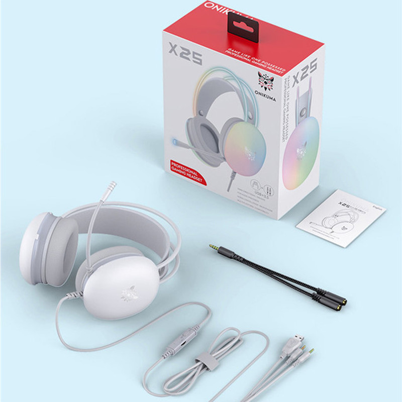 هدست گیمینگ اونیکوما مدل X25 RGB با نویز کنسلینگ میکروفون (ENC)، بدون قابلیت شارژ، اتصال از طریق جک 3.5 میلی متری صدا، دارای دکمه قطع و وصل میکروفون و دکمه کنترل صدا، طراحی ارگونومیک و بالشتکهای نرم و قابل تنظیم، مقاوم در برابر رطوبت و عرق
