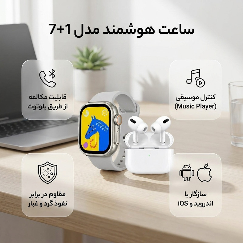 ساعت هوشمند 49 میلیمتری مفیت پلاس مدل 1+7 با بند سیلیکونی به همراه هدفون بلوتوثی