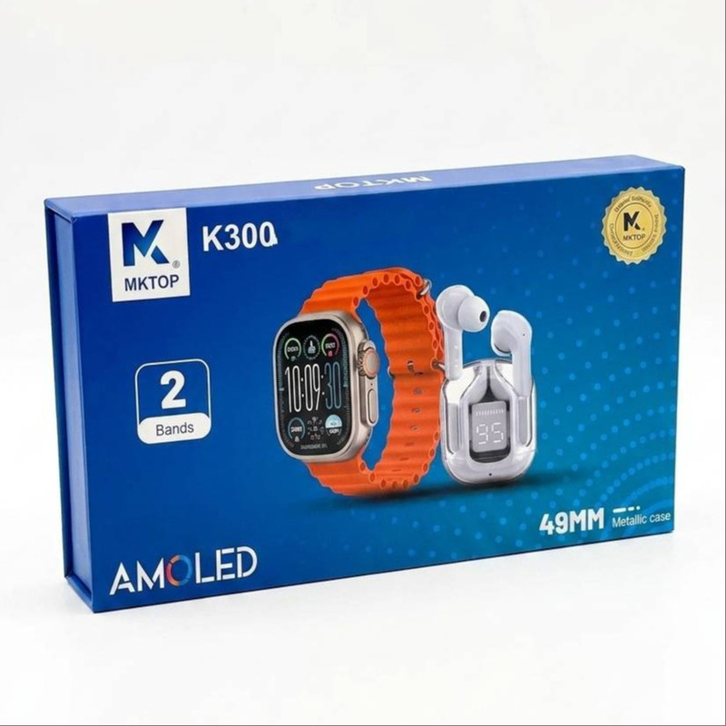 ساعت هوشمند 49 میلی متری ام کا مدل K300 با بند سیلیکونی به همراه هدفون بلوتوثی