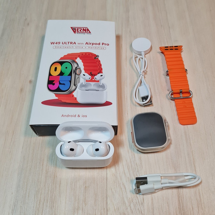 ساعت هوشمند ورنا مدل W49 Ultra with airpod pro دارای قابلیت های کنترل موسیقی (Music Player)، قابلیت مکالمه از طریق بلوتوث، پشتیبانی از زبان فارسی در منو و سیستمعامل بند سیلیکون