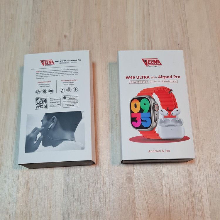 ساعت هوشمند ورنا مدل W49 Ultra with airpod pro دارای قابلیت های کنترل موسیقی (Music Player)، قابلیت مکالمه از طریق بلوتوث، پشتیبانی از زبان فارسی در منو و سیستمعامل بند سیلیکون