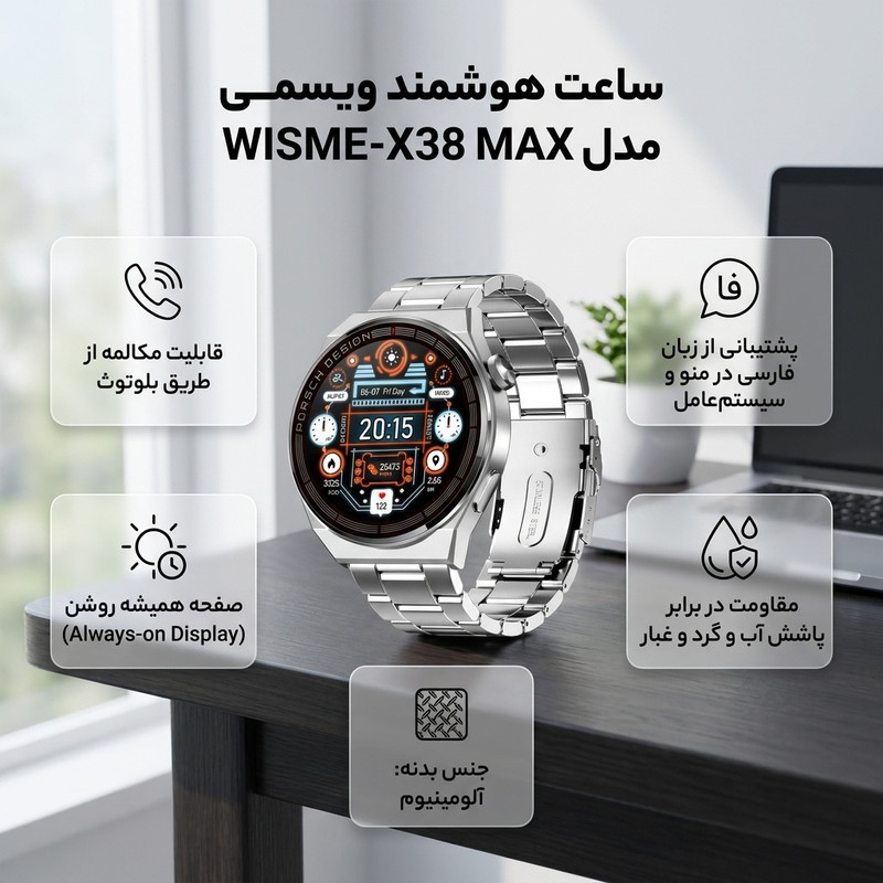 ساعت هوشمند 46 میلیمتری ویسمی مدل WISME-X38 MAX با بند فلزی و 2 بند سیلیکونی