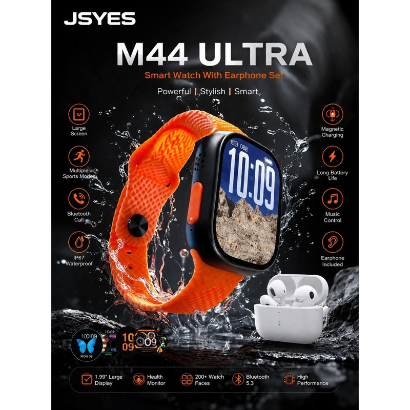 ساعت هوشمند 48 میلیمتری مدل M44 ULTRA با بند فلزی به همراه هدفون بلوتوثی