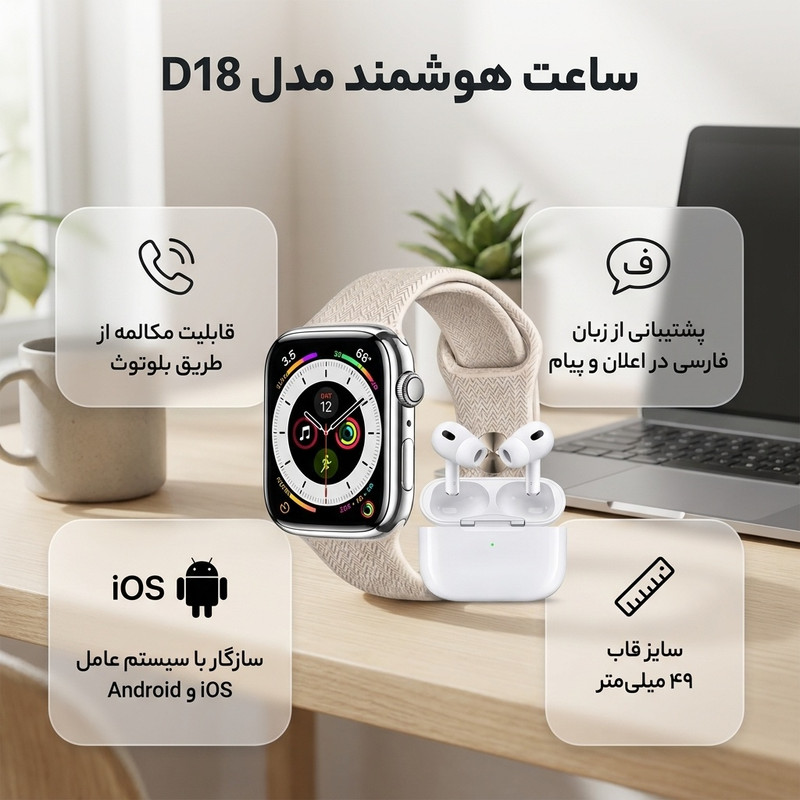 ساعت هوشمند ۴۹ میلی متری اکپو مدل D18 با بند سیلیکونی به همراه هدفون بلوتوثی