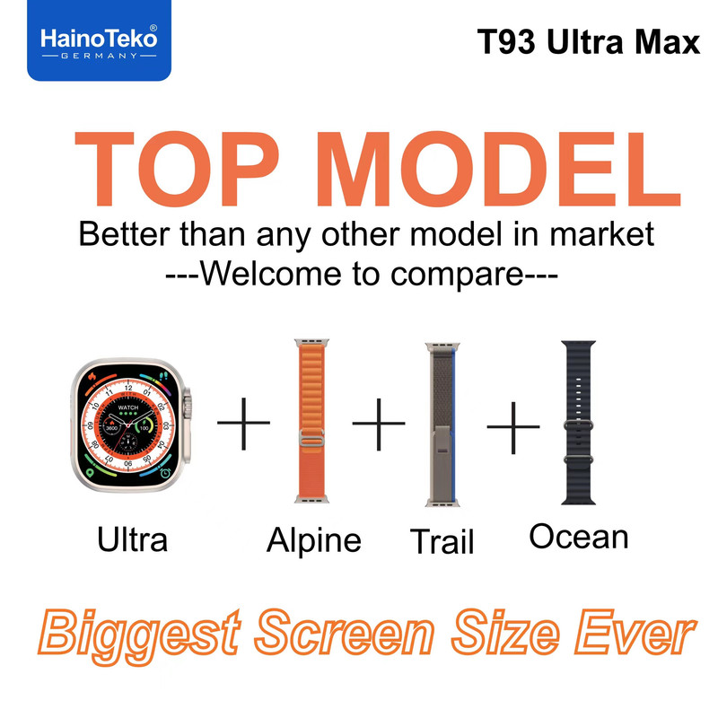 ساعت هوشمند هاینو تکو مدل MIS ALGORITHM ULTRA MAX T93 دارای قابلیت های صفحه نمایش رنگی، صفحه نمایش لمسی، کنترل موسیقی (Music Player)، قابلیت مکالمه از طریق بلوتوث بند سیلیکون