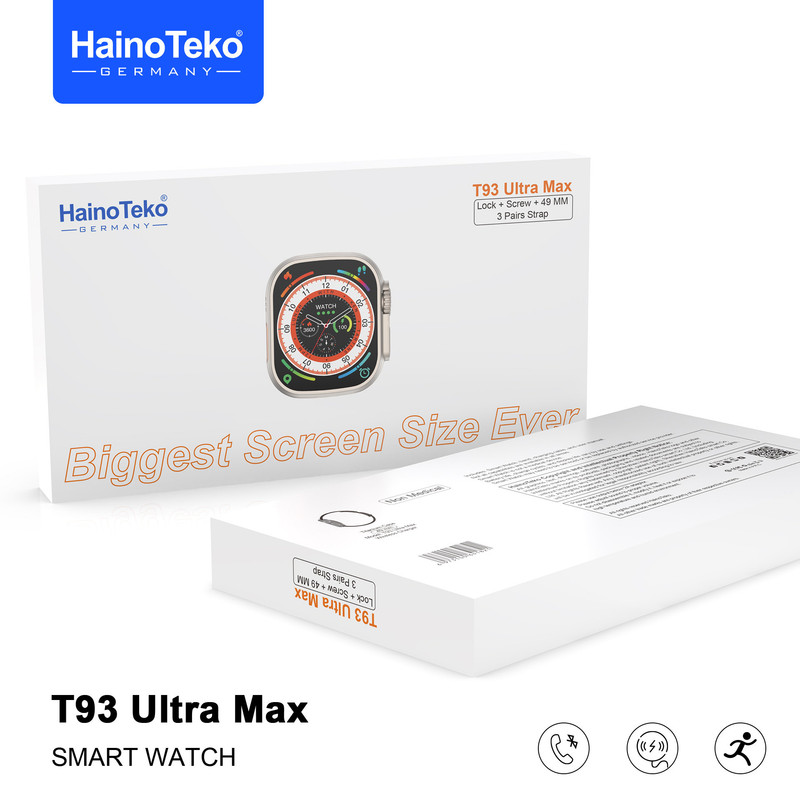 ساعت هوشمند هاینو تکو مدل MIS ALGORITHM ULTRA MAX T93 دارای قابلیت های صفحه نمایش رنگی، صفحه نمایش لمسی، کنترل موسیقی (Music Player)، قابلیت مکالمه از طریق بلوتوث بند سیلیکون