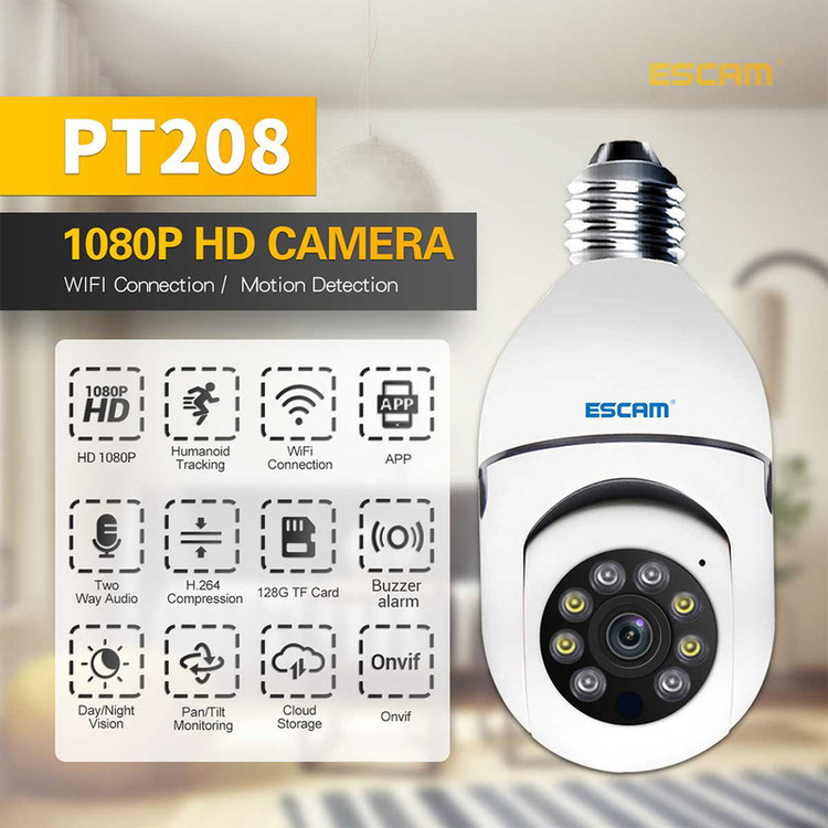 دوربین مداربسته تحت شبکه اسکم مدل PT208 با کیفیت تصویر 1080p، دید در شب تا 10 متر، اتصال بیسیم، چرخش افقی و عمودی و پشتیبانی از کارت حافظه TFcard
