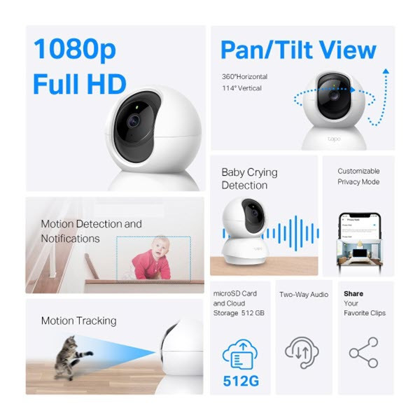 دوربین امنیتی تحت شبکه تپو مدل C200 با رزولوشن 1080، چرخش 360 درجه، تشخیص انسان و حرکت، دید در شب، مکالمه دوطرفه و پشتیبانی از کارت حافظه تا 512 گیگابایت