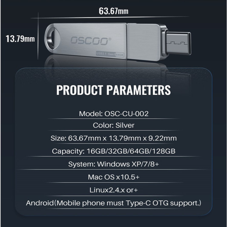فلش مموری دو سر اتصال اوسکو مدل CU-002 ظرفیت 64 گیگابایت با پورت USB 3.1 و تایپ سی، بدنه فلزی چرخشی 360 درجه، مقاوم در برابر ضربه، شوک و گرد و غبار، سازگار با ویندوز، اندروید، مک و لینوکس