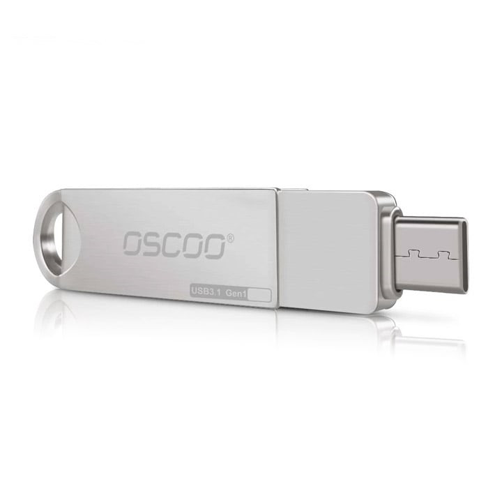 فلش مموری دو سر اتصال اوسکو مدل CU-002 ظرفیت 64 گیگابایت با پورت USB 3.1 و تایپ سی، بدنه فلزی چرخشی 360 درجه، مقاوم در برابر ضربه، شوک و گرد و غبار، سازگار با ویندوز، اندروید، مک و لینوکس