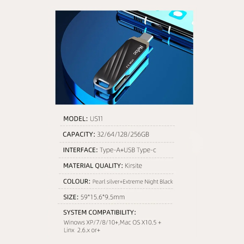 فلش مموری USB 3.2 / USB-C نتاک مدل US11 ظرفیت 128 گیگابایت