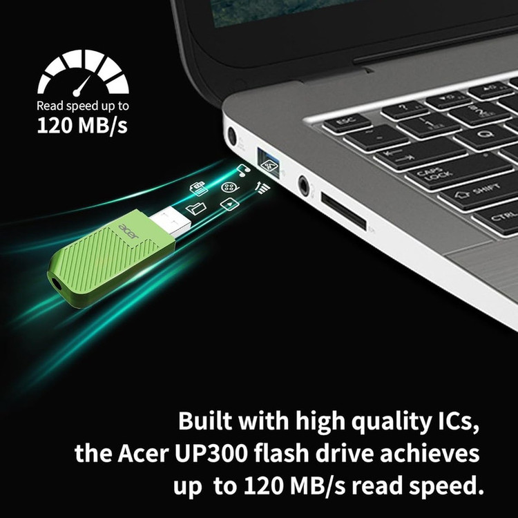 فلش مموری ایسر مدل UP300 ظرفیت 32 گیگابایت، رابط USB 3.2 Gen1، سرعت خواندن 120 مگابایت بر ثانیه، بدنه سبک و مقاوم، سازگار با ویندوز، مک و لینوکس، مناسب انتقال سریع و ذخیرهسازی دادههای حجیم