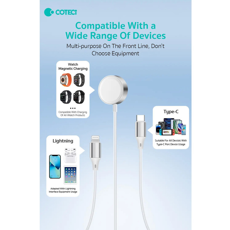 کابل تبدیل USB-C به لایتنینگ/USB-C کوتتسی مدل IW-012 به همراه شارژر بیسیم اپل واچ طول 1.2 متر