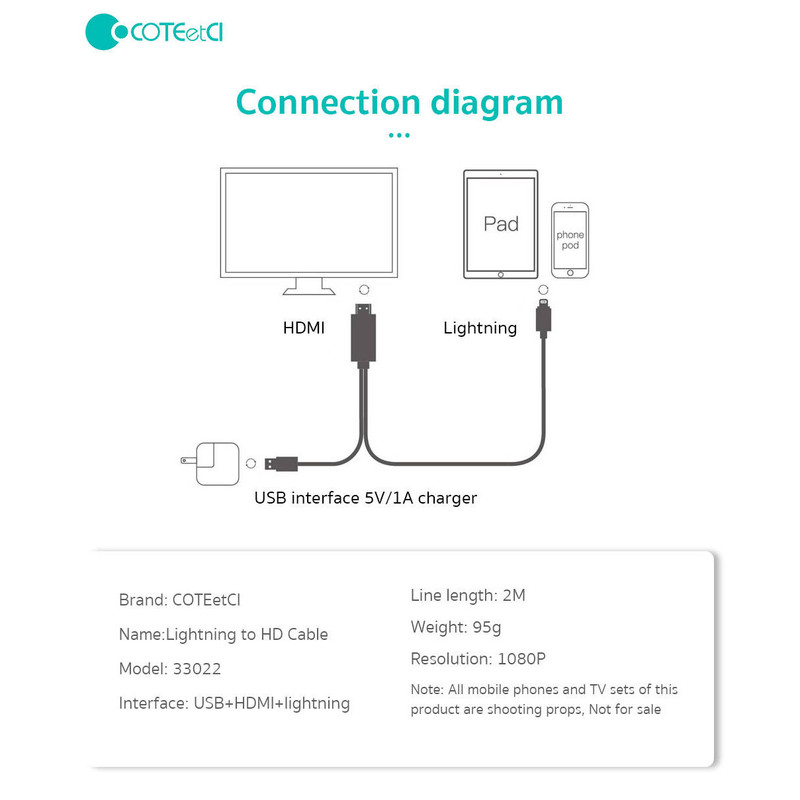 کابل تبدیل HDMI به لایتنینگ/USB کوتتسی مدل 33022 طول 2 متر