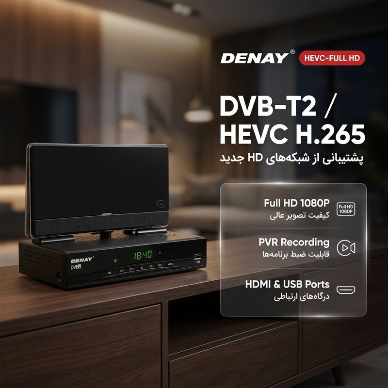 گیرنده دیجیتال دنای مدل HEVC-FULL HD به همراه آنتن رومیزی سیما باخ