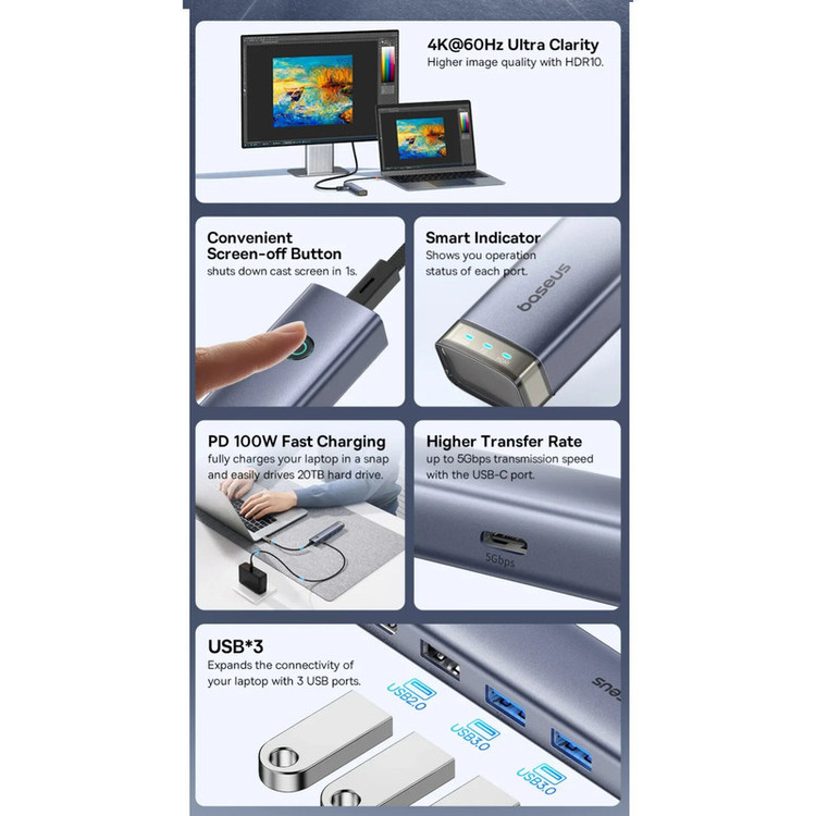 هاب 6 پورت USB-C باسئوس مدل BS-OH164
