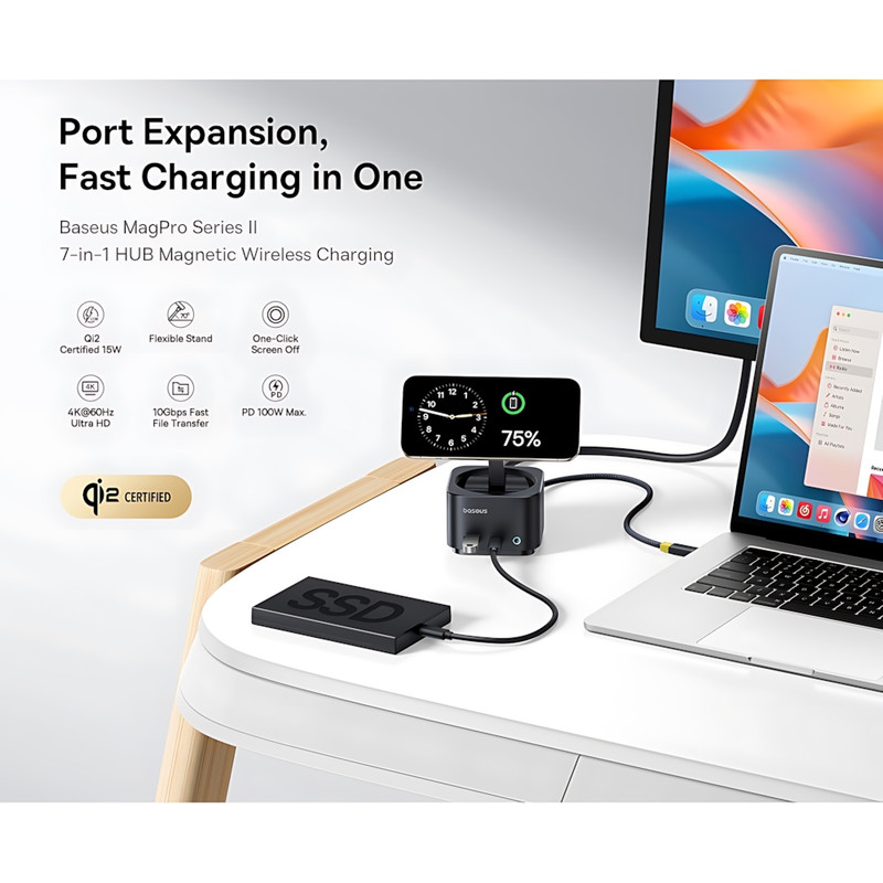 هاب 7 پورت USB-C و شارژر بی سیم بیسوس مدل BS-OH122