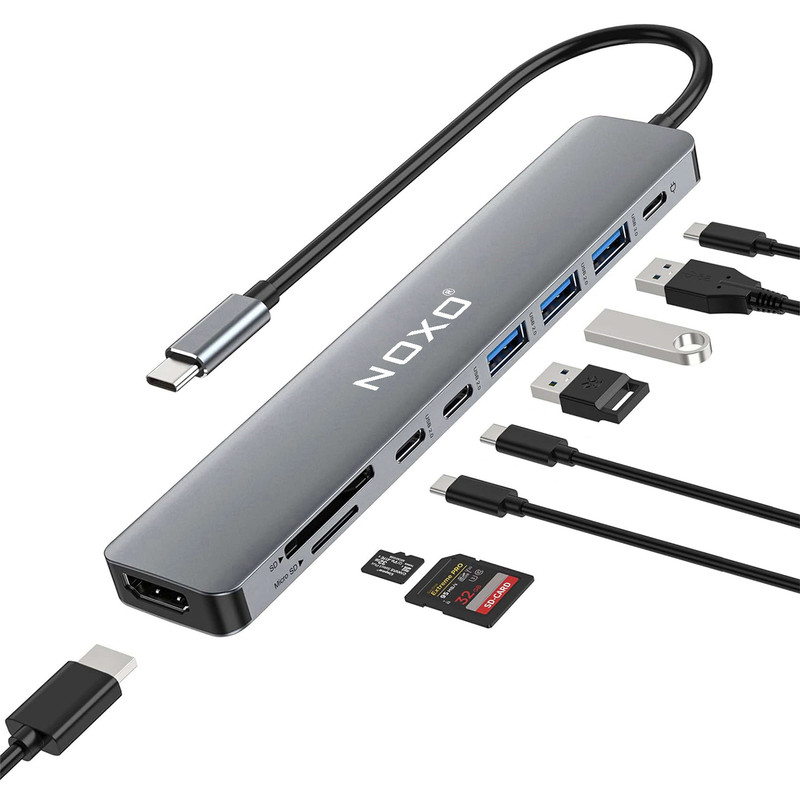هاب 9 پورت USB-C نوکسو مدل HUB-N1 9in1 با پشتیبانی شارژ PD 100 وات، HDMI 4K، USB 3.0 و کارتخوان SD/TF