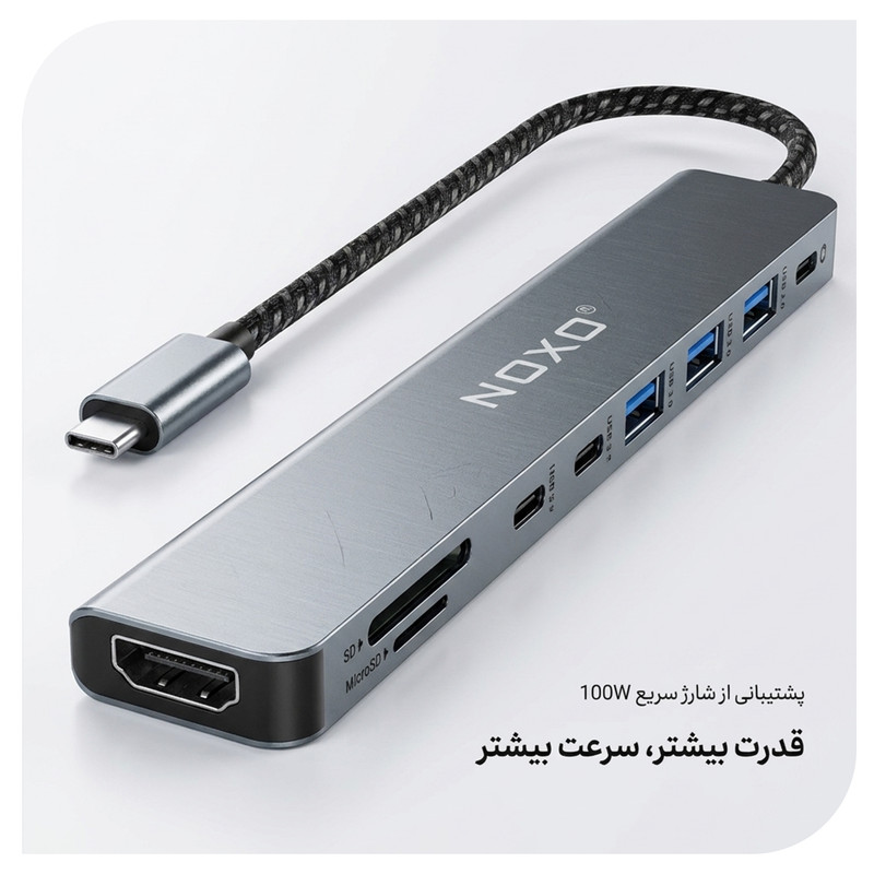 هاب 9 پورت USB-C نوکسو مدل HUB-N1 9in1 با پشتیبانی شارژ PD 100 وات، HDMI 4K، USB 3.0 و کارتخوان SD/TF