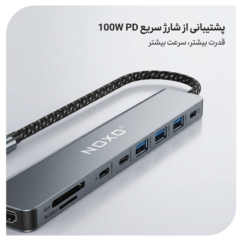 هاب 9 پورت USB-C نوکسو مدل HUB-N1 9in1 با پشتیبانی شارژ PD 100 وات، HDMI 4K، USB 3.0 و کارتخوان SD/TF