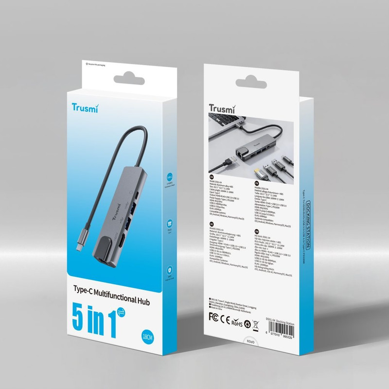 هاب 5 پورت Type-C به Type-C/HDMI/USB3.0/USB2.0/RG45 تراسمی مدل DS01-04