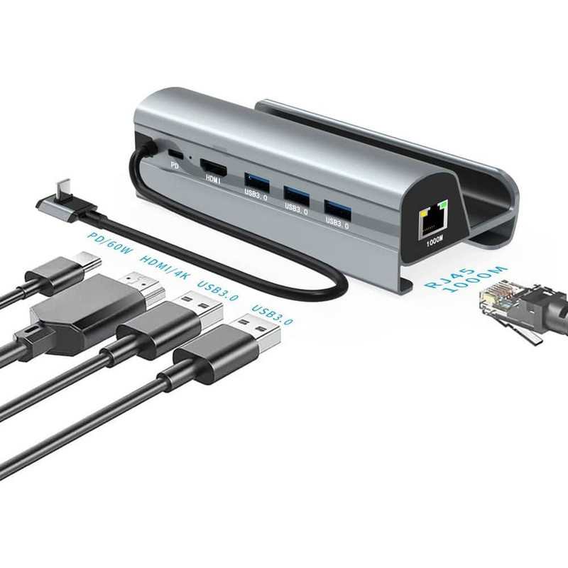 هاب 6 پورت تایپ سی ایراسکای مدل HC-86، با درگاه HMDI 4K، LAN 10/100/1000، PD 60w