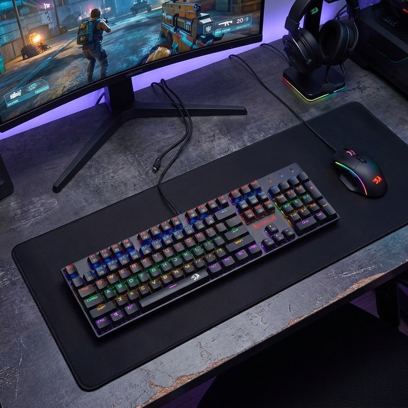 کیبورد گیمینگ ردراگون مدل K208، سوییچ مکانیکال آبی، Full-Size، نورپردازی RGB