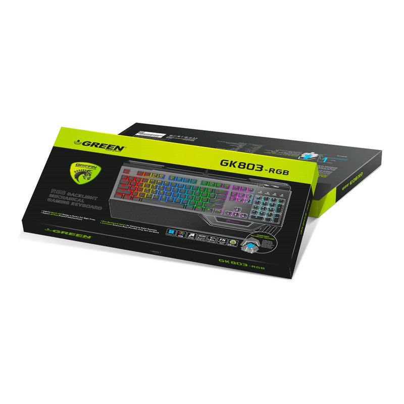 کیبورد گیمینگ گرین مدل GK803-RGB، مکانیکال سوییچ آبی، Full-Size، نورپردازی RGB