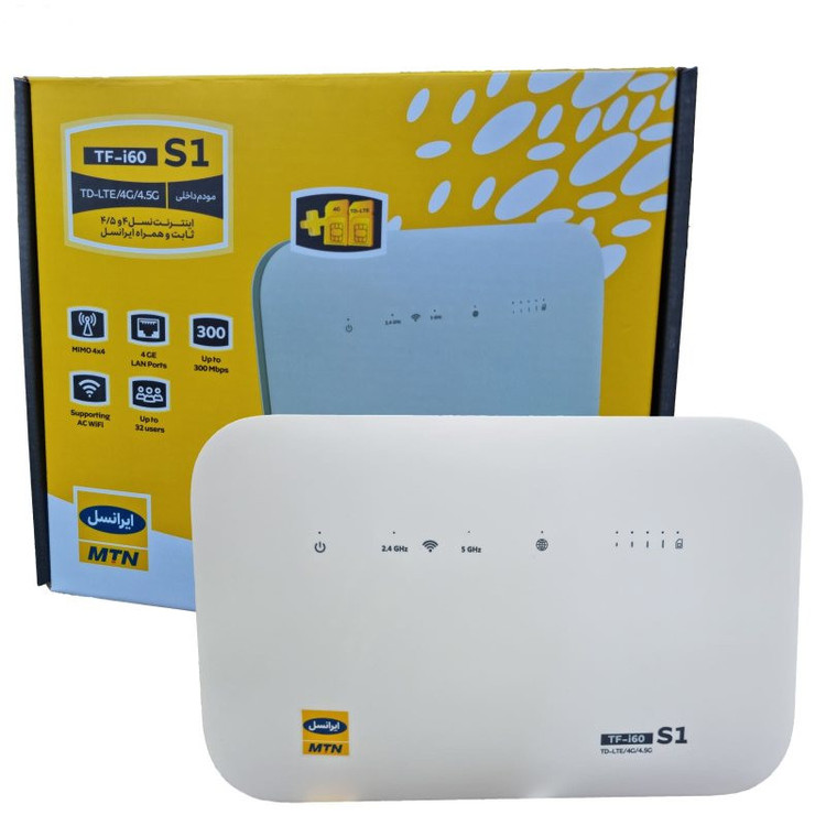 مودم 4G/TD-LTE خانگی ایرانسل مدل TF-i60 S1 با پشتیبانی همزمان 32 کاربر، 4 شبکه بیسیم مستقل، 4 پورت LAN، آنتن 5dBi و سیمکارت 300 گیگابایت اینترنت 6 ماهه