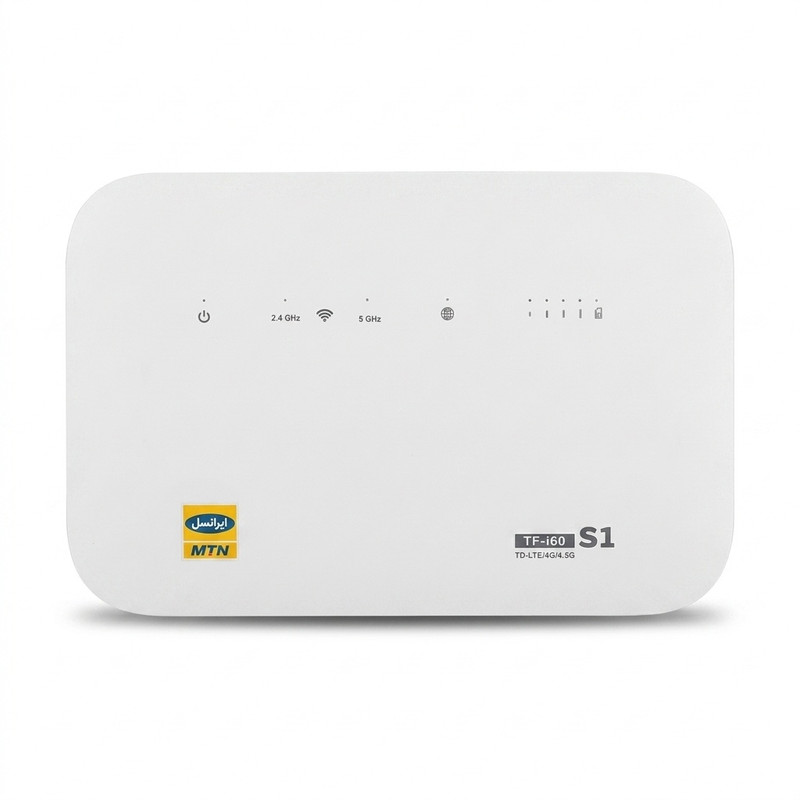 مودم روتر خانگی 4G LTE ایرانسل مدل TF-i60 S1 با پشتیبانی 32 کاربر هم‌زمان، سرعت 300 مگابیت بر ثانیه، پورت WAN، قابلیت ایجاد 4 شبکه بی‌سیم مستقل و سیم‌کارت TD-LTE همراه با 50 گیگابایت اینترنت رایگان