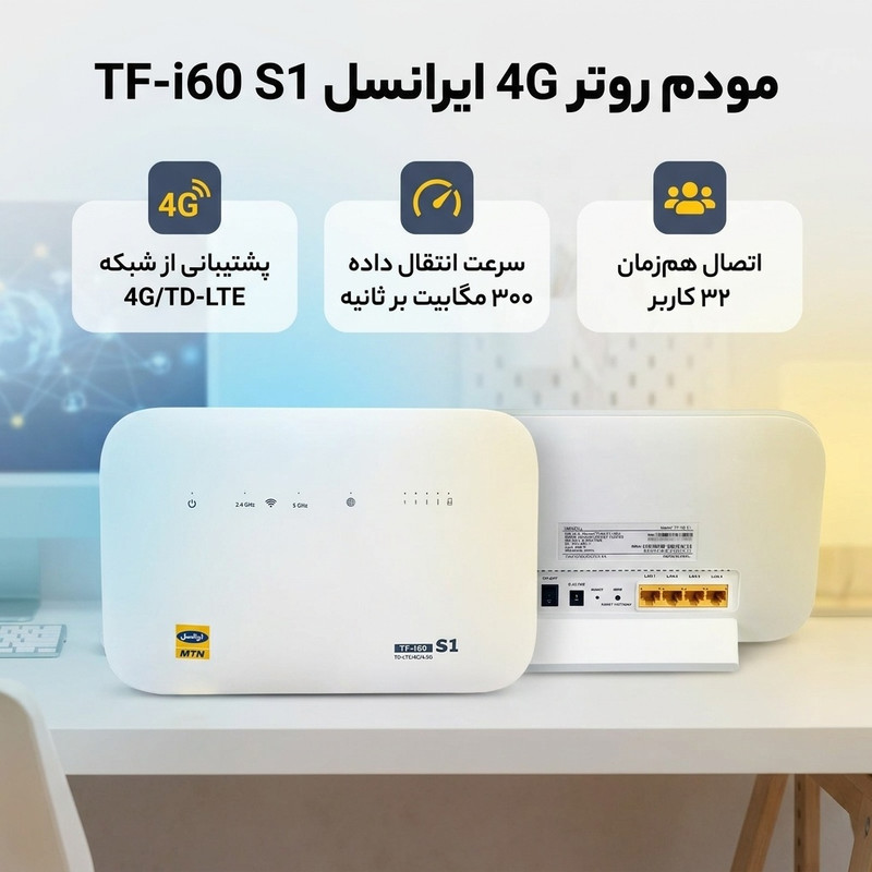 مودم روتر خانگی 4G LTE ایرانسل مدل TF-i60 S1 با پشتیبانی 32 کاربر همزمان، سرعت 300 مگابیت بر ثانیه، پورت WAN، قابلیت ایجاد 4 شبکه بیسیم مستقل و سیمکارت TD-LTE همراه با 50 گیگابایت اینترنت رایگان