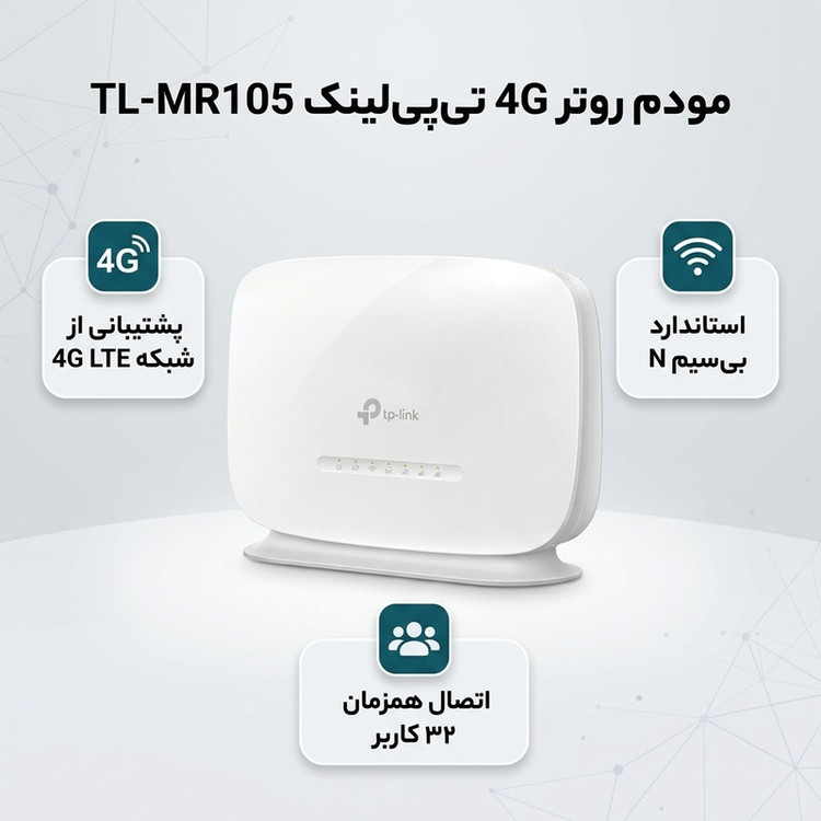 مودم روتر 4G تیپیلینک مدل TL-MR105 با پشتیبانی از شبکههای LTE/4G/3G/2G، استاندارد IEEE 802.11b/g/n، فرکانس 2.4 گیگاهرتز، فایروال IPv4 SPI و پشتیبانی همزمان تا 32 کاربر