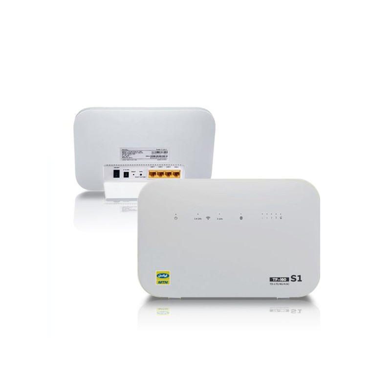 مودم 4G خانگی ایرانسل مدل TF-I60 S1 با آنتن داخلی MIMO 4x4، پشتیبانی از شبکه TD-LTE، اتصال بیسیم و باسیم، رابط RJ-45 LAN، همراه دو سیمکارت TD و FD و منبع تغذیه آداپتور برق 100 تا 240 ولت