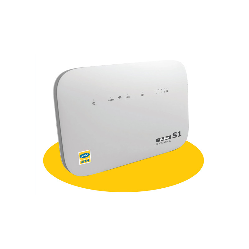 مودم 4G خانگی ایرانسل مدل TF-I60 S1 با آنتن داخلی MIMO 4x4، پشتیبانی از شبکه TD-LTE، اتصال بیسیم و باسیم، رابط RJ-45 LAN، همراه دو سیمکارت TD و FD و منبع تغذیه آداپتور برق 100 تا 240 ولت
