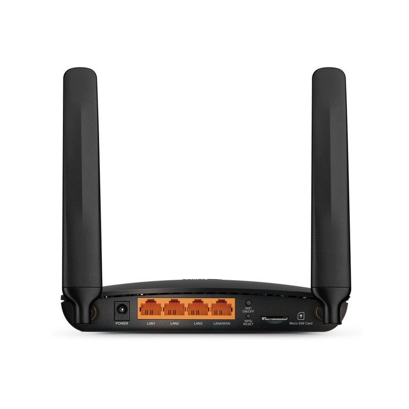 روتر 4G LTE خانگی و اداری تی پیلینک مدل TL-MR6400 V5 با دو آنتن خارجی، فرکانس 2.4 گیگاهرتز، سرعت 300 مگابیت بر ثانیه، پورت LAN/WAN 10/100 مگابیتی، پشتیبانی از 64 کاربر و فایروال پیشرفته