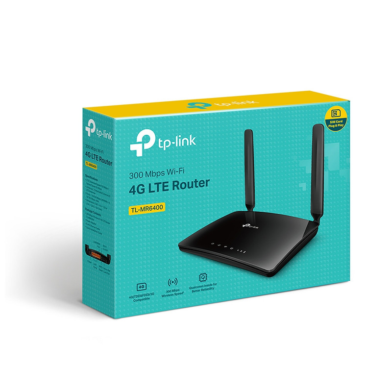 روتر 4G LTE خانگی و اداری تی پیلینک مدل TL-MR6400 V5 با دو آنتن خارجی، فرکانس 2.4 گیگاهرتز، سرعت 300 مگابیت بر ثانیه، پورت LAN/WAN 10/100 مگابیتی، پشتیبانی از 64 کاربر و فایروال پیشرفته