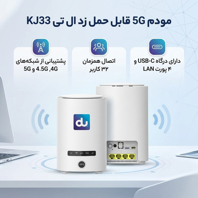 مودم 5G قابل حمل زد ال تی مدل KJ33 با پشتیبانی شبکه 4G، 4.5G و 5G، قابلیت اتصال همزمان 32 کاربر، پشتیبانی از آی پی ثابت، درگاه USB 3.1 Type-C و اتصال LAN