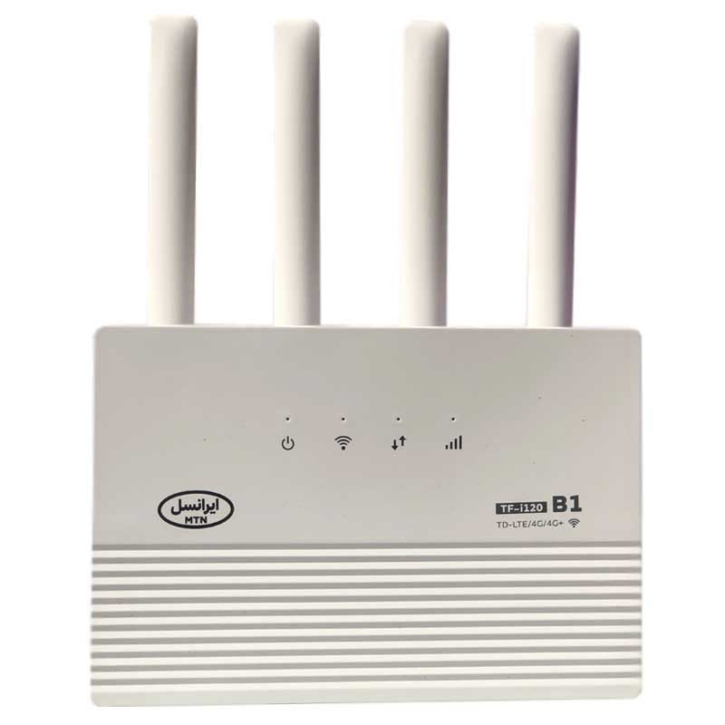 مودم روتر 4G ایرانسل مدل TF-i120 B1 با حمایت LTE Cat 12، سرعت دانلود 600 مگابیت، آپلود 100 مگابیت، وایفای دوبانده 2.4 و 5 گیگاهرتز، پشتیبانی همزمان 32 کاربر، چهار پورت اترنت و قابلیت اتصال بیسیم و باسیم