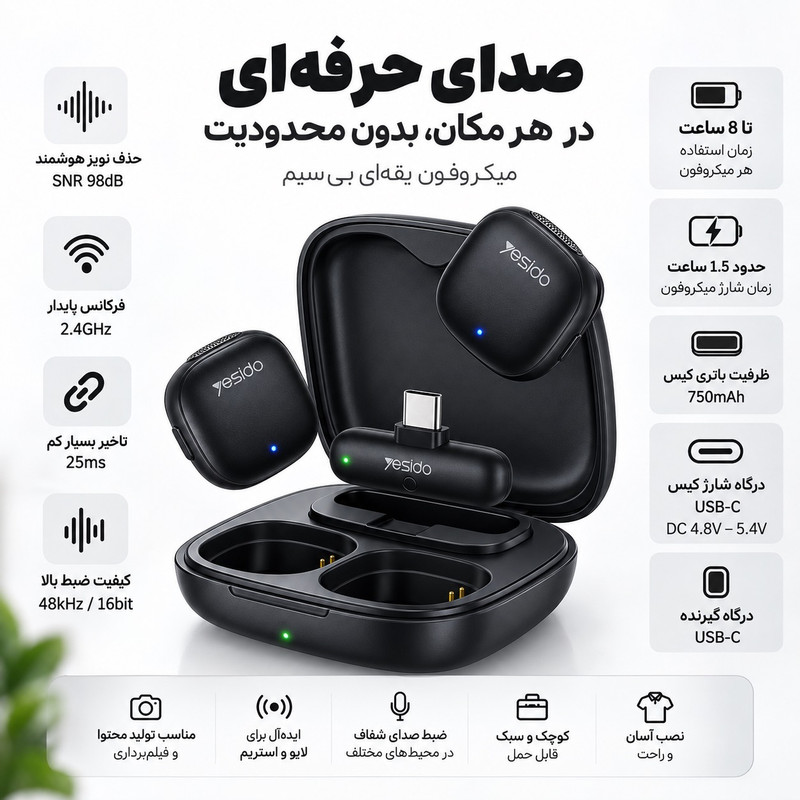 میکروفون یقه ای یسیدو مدل KR21 با درگاه اتصال Type-C