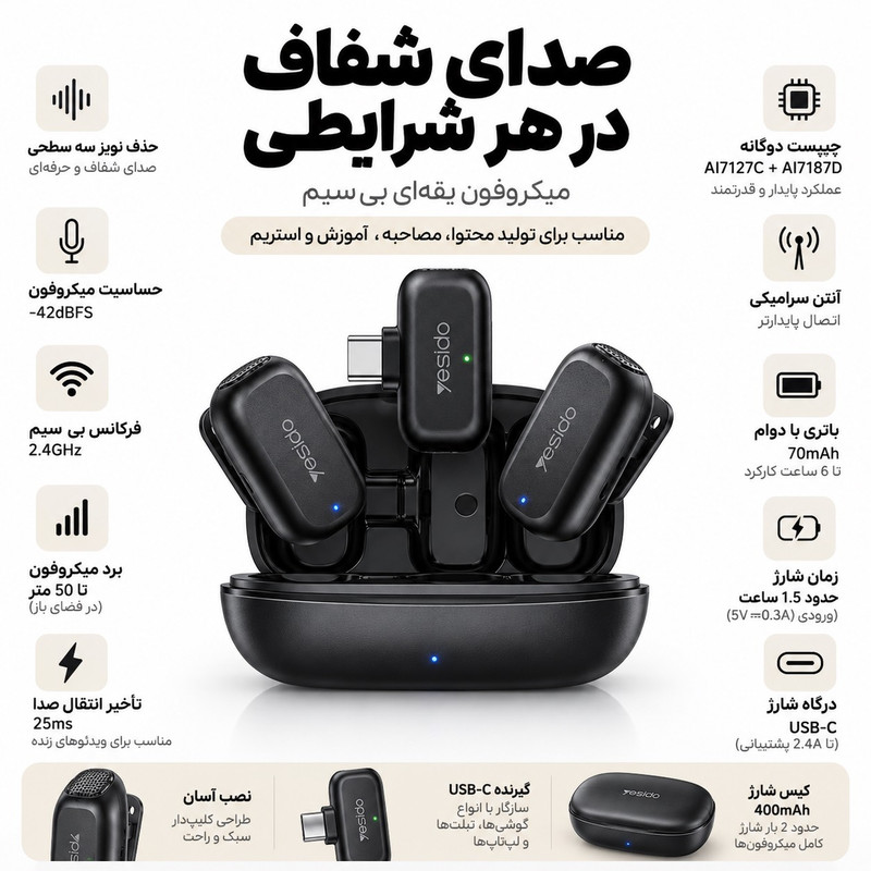 میکروفون یقه ای یسیدو مدل KR22 با درگاه اتصال Type-C