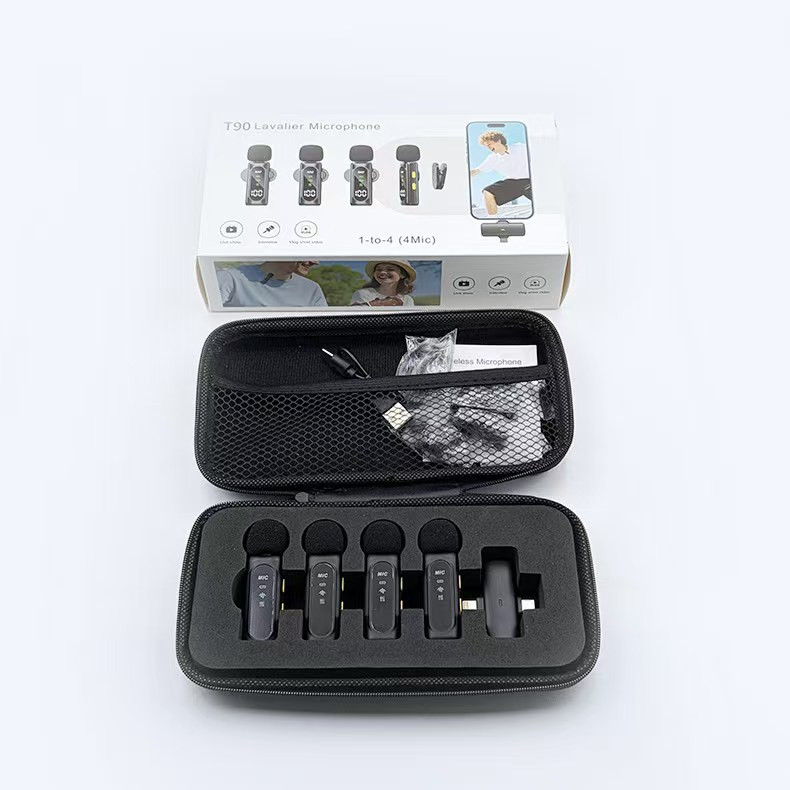 میکروفون حرفهای بیسیم مدل T90 4MIC با درگاه تایپ سی و لایتنینگ و 4 میکروفون