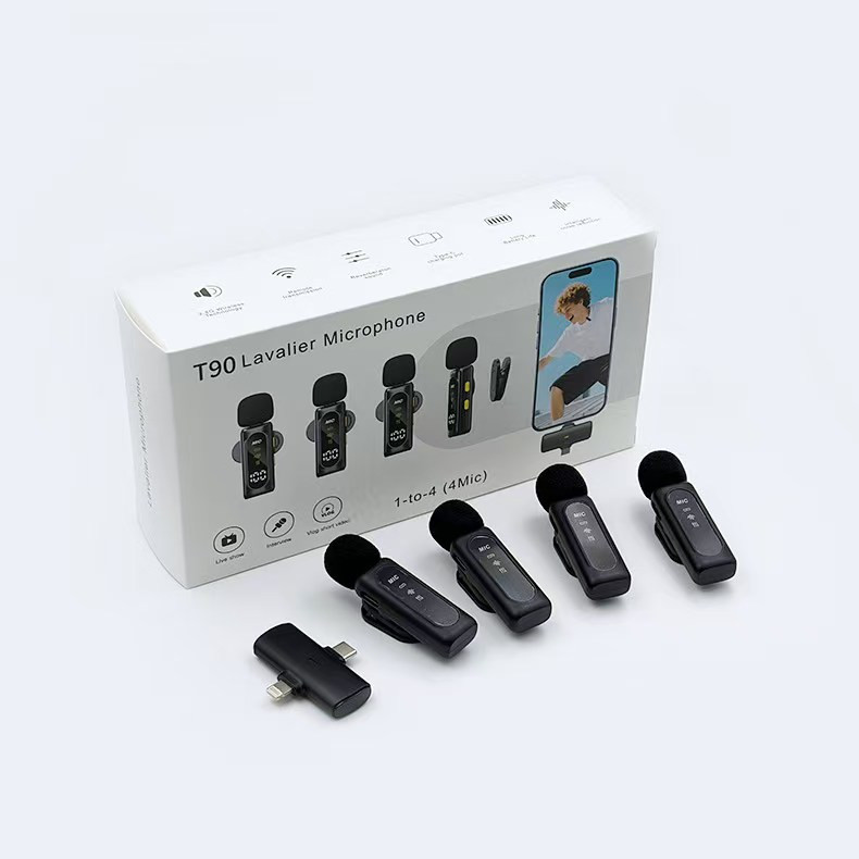 میکروفون حرفهای بیسیم مدل T90 4MIC با درگاه تایپ سی و لایتنینگ و 4 میکروفون