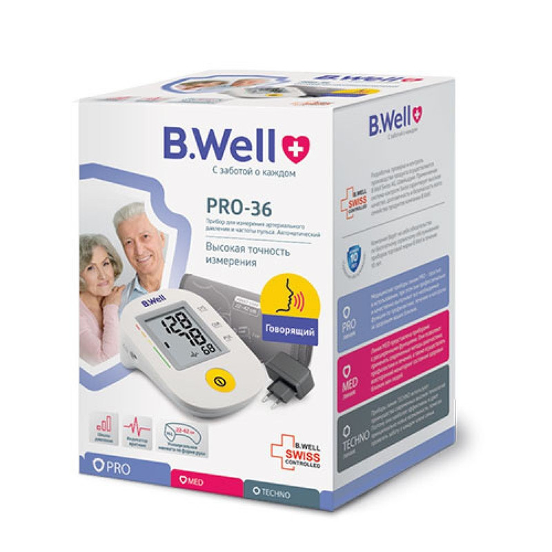 فشارسنج دیجیتال بازویی بی ول مدل PRO-36 با قابلیت سخنگوی صوتی، تشخیص آریتمی، مناسب بازو 22 تا 42 سانتیمتر، گزارش وضعیت فشارخون و ضربان قلب طبق استاندارد WHO، همراه آداپتور و باتری