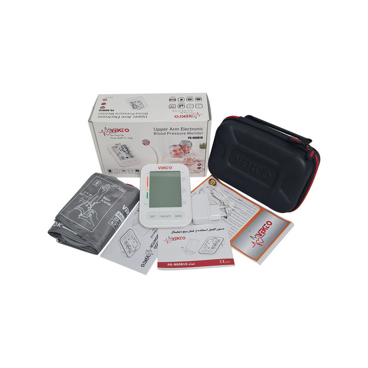 فشارسنج بازویی وکتو مدل PG-800 B18 با قابلیت سخنگو به زبان فارسی، ذخیره 90 سری اندازهگیری، نمایش تاریخ، منبع انرژی برق و باتری، مناسب بازو 22 تا 32 سانتیمتر و همراه کیف و آداپتور