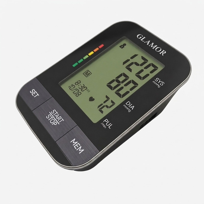 فشارسنج بازویی دیجیتال گلامور مدل DBP-1332، با نمایشگر LCD، اعلان صوتی فارسی، نور پسزمینه چندرنگ، منبع انرژی برق و باتری، مناسب بازو 22-42 سانتیمتر، دو پروفایل کاربر، بههمراه کیف ضدضربه، دو کاف بازویی و آداپتور برق