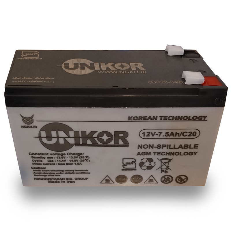 باتری UPS با ولتاژ 12 ولت و شدت جریان 7.5 آمپرساعت یونیکور مدل 12V-7.5Ah/C20
