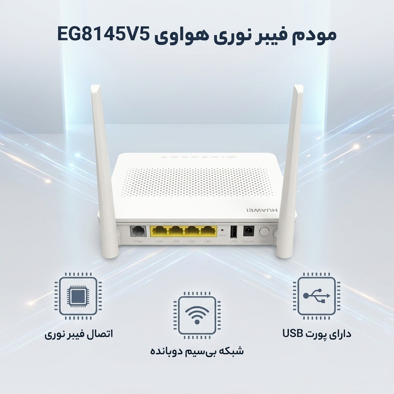 مودم فیبر نوری دوبانده مدل EG8145V5 با پشتیبانی از شبکه 4G، سرعت بیسیم تا 866 مگابیت، دو آنتن خارجی، قابلیت اتصال 10 کاربر و رابط USB مناسب استفاده خانگی و اداری