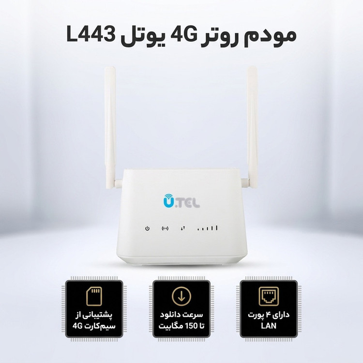 مودم روتر بیسیم 4G LTE خانگی یوتل مدل L443 با پشتیبانی اتصال سیمکارت، سرعت دانلود تا 150 مگابیت بر ثانیه، آپلود 50 مگابیت بر ثانیه، 4 پورت LAN، آنتن 2x2 MIMO و استاندارد بیسیم 802.11b/g/n